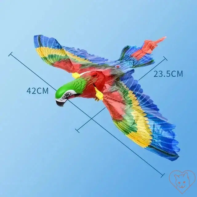 Colorful interactive electric bird toy, 42CM x 23.5CM, designed for cat play and engagement.