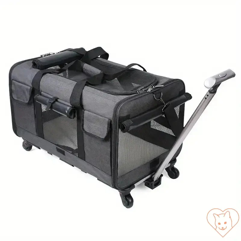 Extra large foldable cat travel carrier with trolley, featuring a spacious interior and durable materials for safe travel.