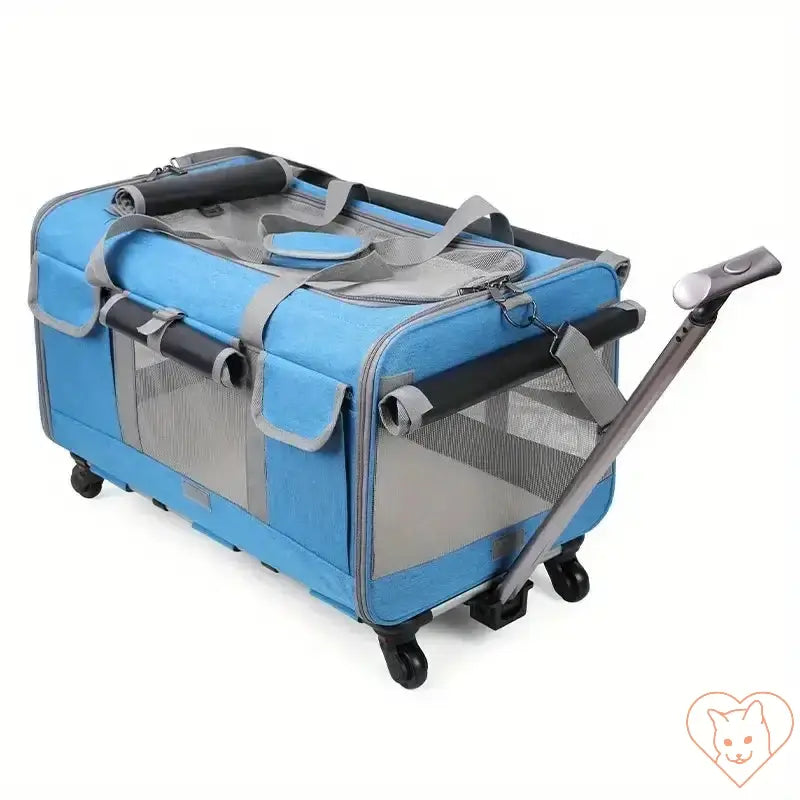 Extra large foldable cat travel carrier in blue with trolley and mesh panels for ventilation and comfort.