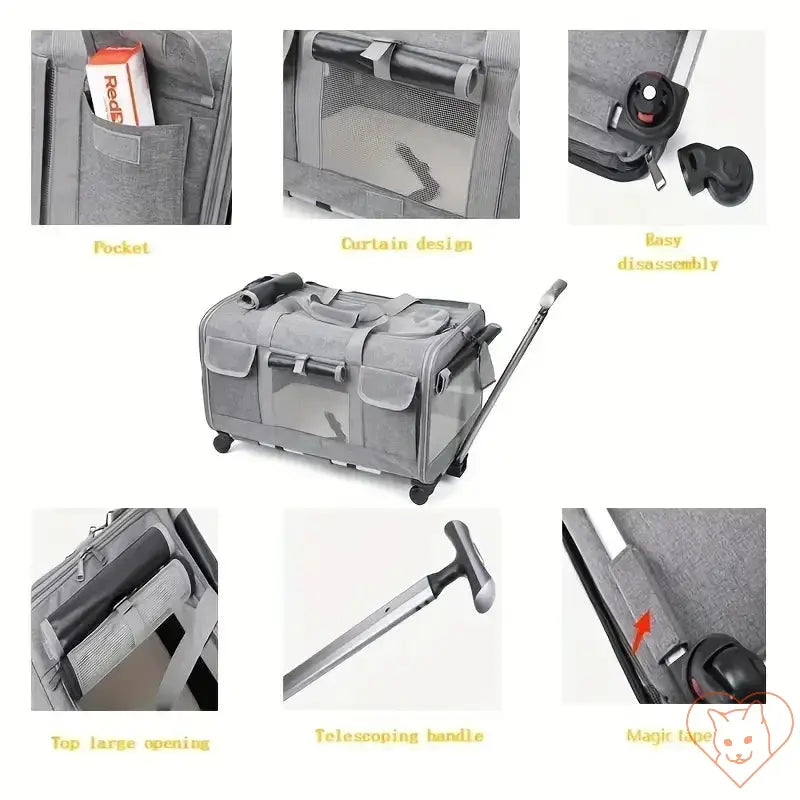 Features of Extra Large Foldable Cat Travel Carrier: pockets, curtain design, easy disassembly, telescoping handle, and magic tape.