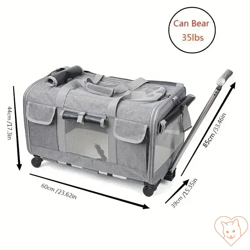 Extra large foldable cat travel carrier with trolley, measuring 44x60x39cm, supports up to 35lbs for comfortable pet travel.