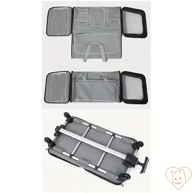 Open extra large foldable cat travel carrier with trolley system, showcasing pockets and wheels for convenience.