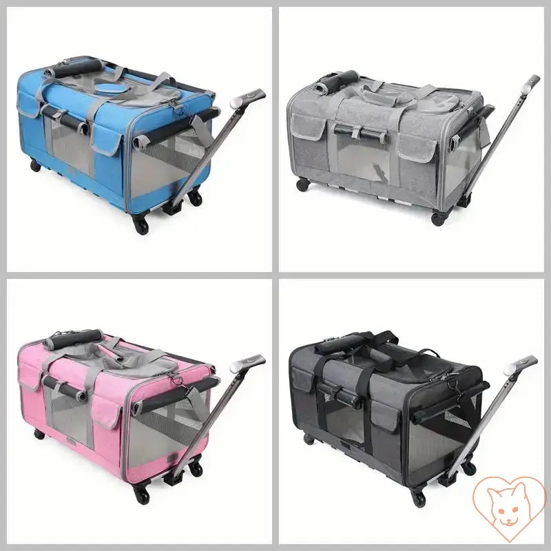 Extra Large Foldable Cat Travel Carrier with Trolley in blue, gray, pink, and black colors for safe pet travel.