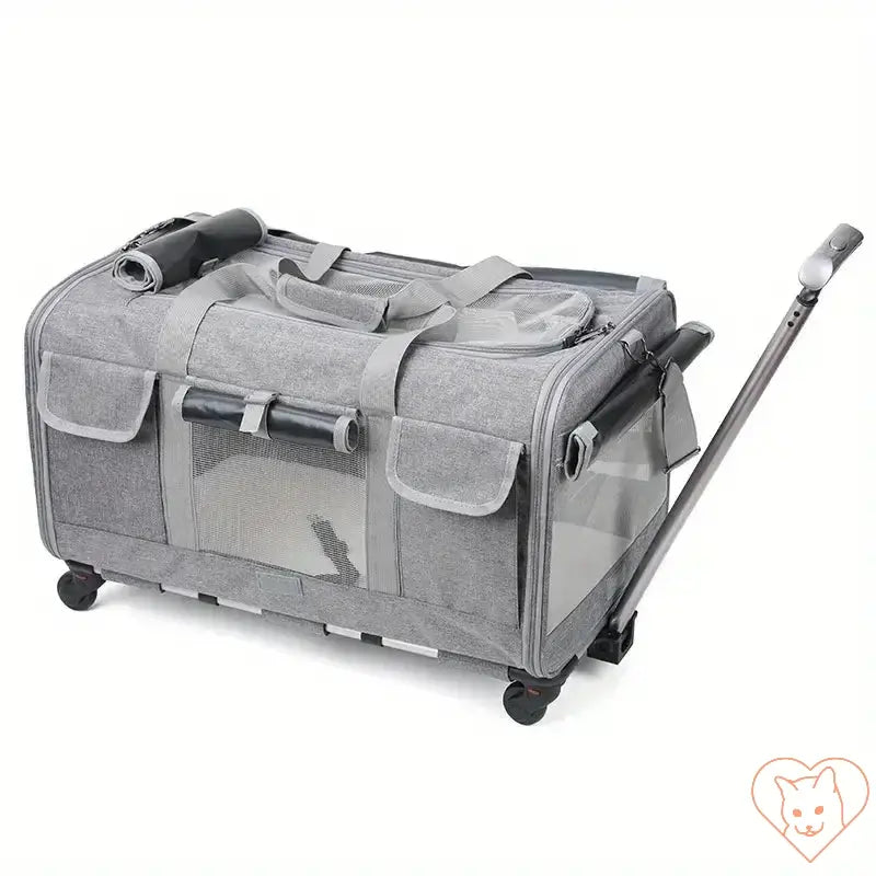 Extra Large Foldable Cat Travel Carrier with Trolley in gray fabric, designed for comfort and convenience during travel.