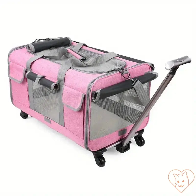 Extra large foldable cat travel carrier with trolley in pink, featuring mesh panels and durable wheels for easy transport.