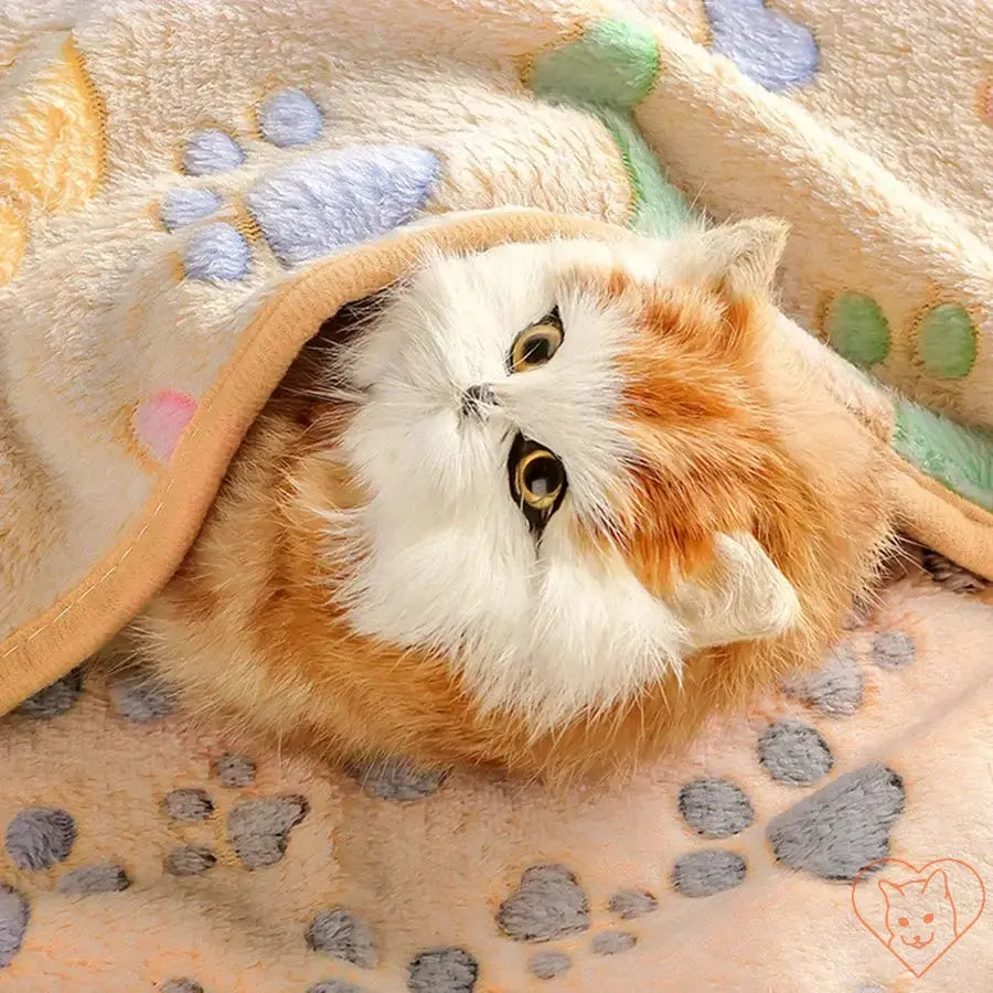 Cozy cat nestled in a flannel paw print blanket, showcasing softness and warmth for pets.