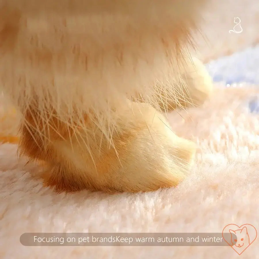 Close-up of fluffy cat paws on a soft blanket, showcasing warmth and comfort for autumn and winter.