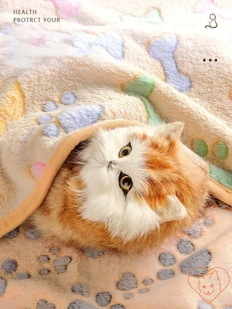 Cozy cat cuddled in a soft, paw print flannel blanket, showcasing warmth and comfort for pets.