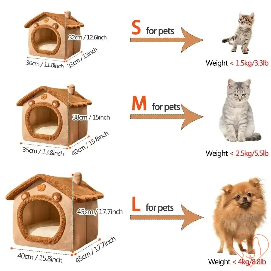 Size chart for foldable cat bed showing dimensions and weight limits for small, medium, and large pets.