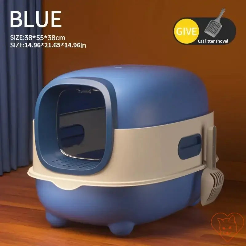 Foldable closed blue cat litter box with attached shovel, splash-proof and odor-isolating design, dimensions 38x55x38cm.