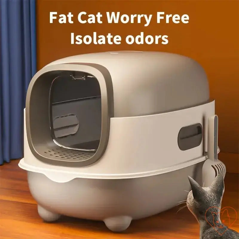 Foldable closed cat litter box for fat cats, splash-proof and odor-isolating design for clean homes.