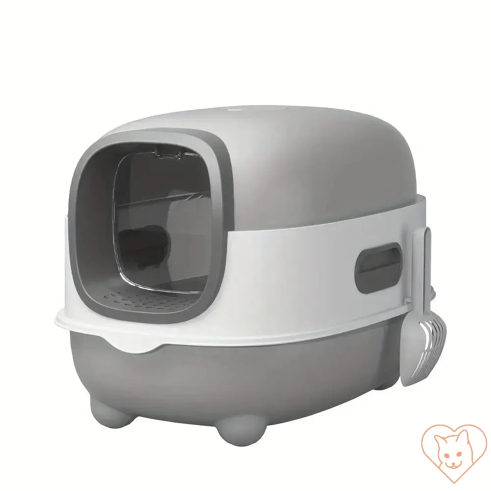 Foldable closed cat litter box in grey, splash-proof design for easy cleaning and odor control.