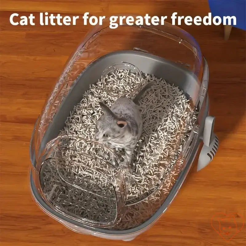 Foldable closed cat litter box with a cat inside, showcasing splash-proof and odor-controlling features.