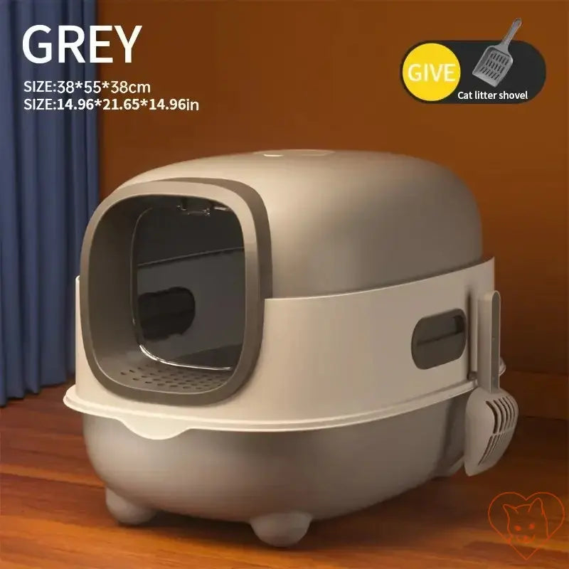 Foldable closed cat litter box in grey color, featuring splash-proof design and included cat litter shovel.