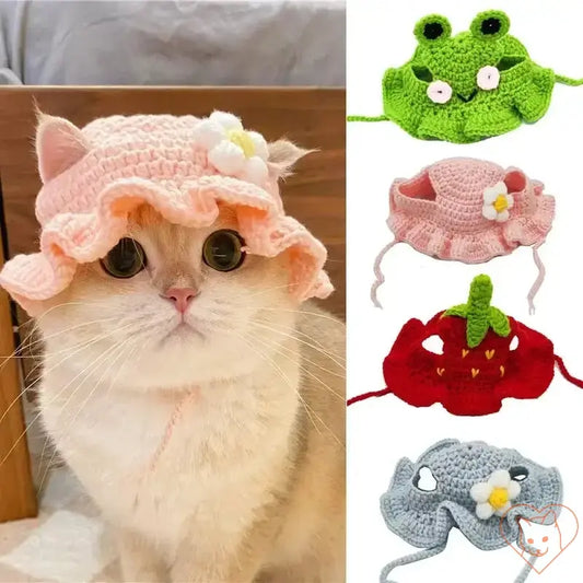 Cute cat wearing a hand-knitted pink hat with a flower, surrounded by colorful mini travel pet accessories.