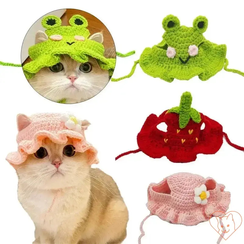 Hand-made cotton cat hats in frog and strawberry designs, perfect for photos and playful pet outfits.