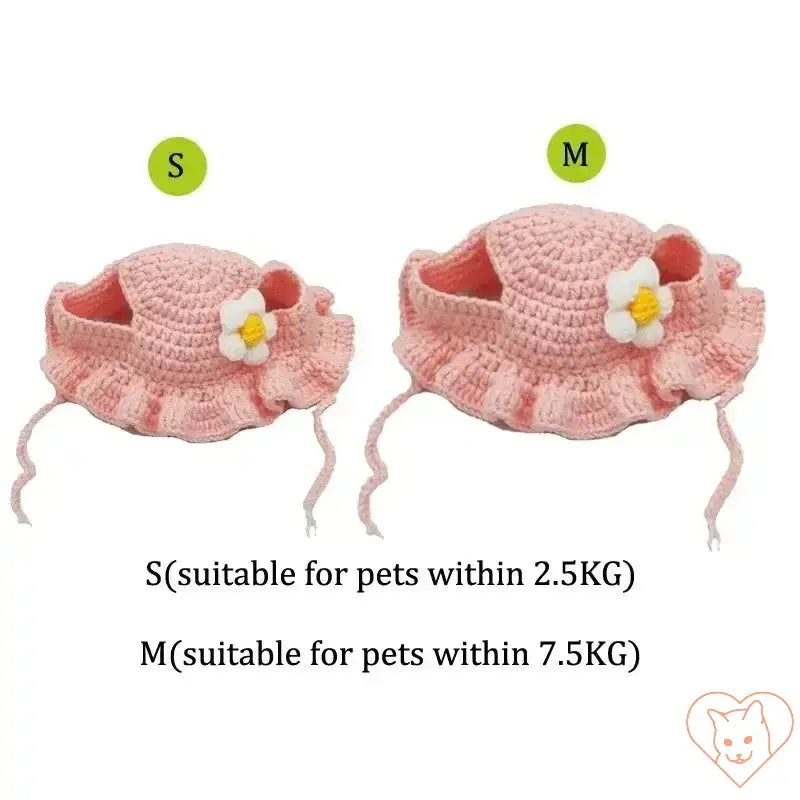 Hand-Made Cotton Cat Hats in sizes S and M, suitable for pets under 2.5kg and 7.5kg, perfect for photoshoots.