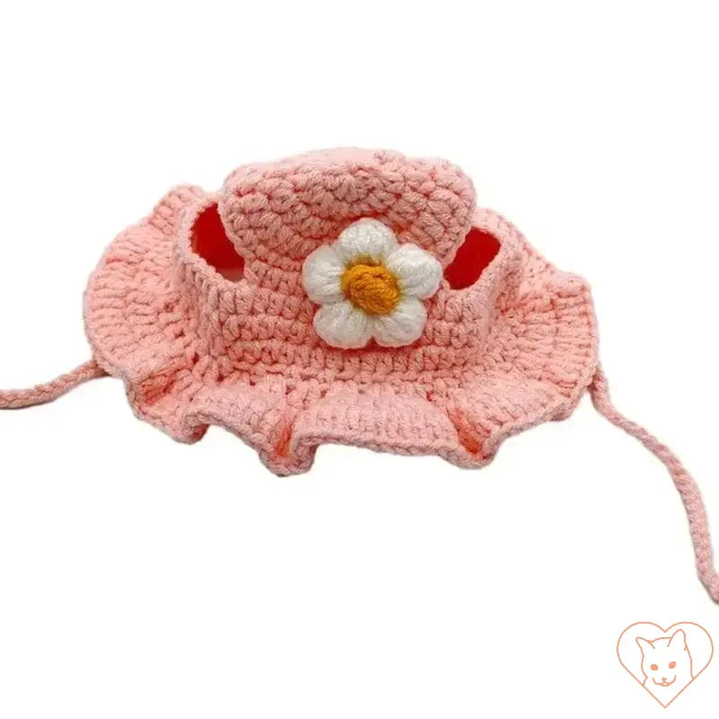 Hand-made pink cotton cat hat with a daisy flower, perfect for pets under 7.5kg and photoshoots.