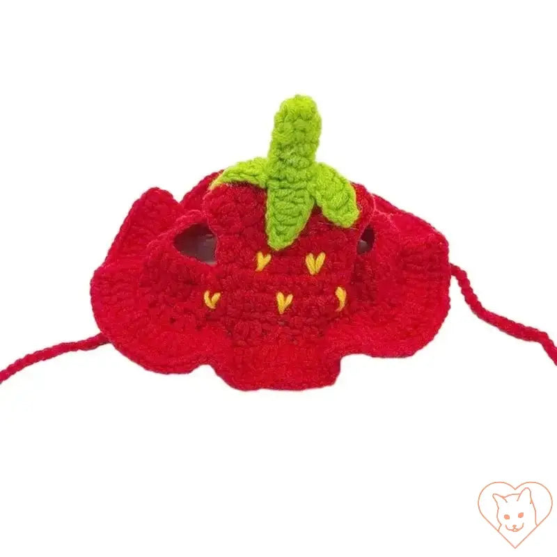 Hand-made cotton cat hat designed to look like a strawberry, perfect for pet photos and parties.