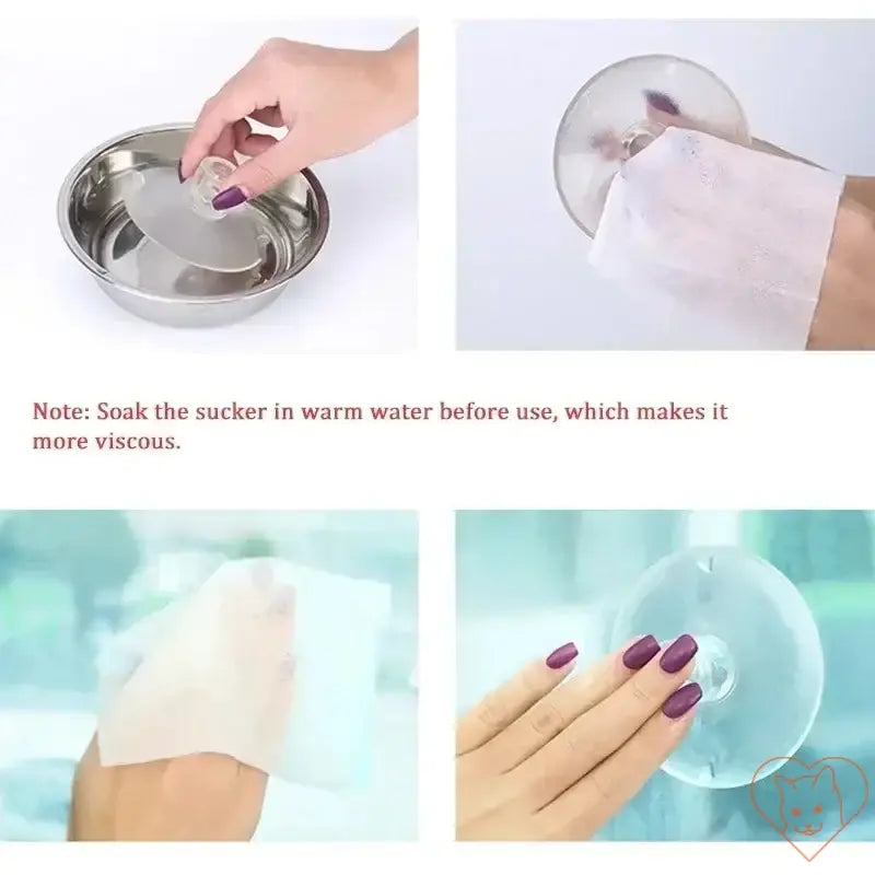 Step-by-step guide showing how to use a suction cup, including soaking it in warm water for better grip.