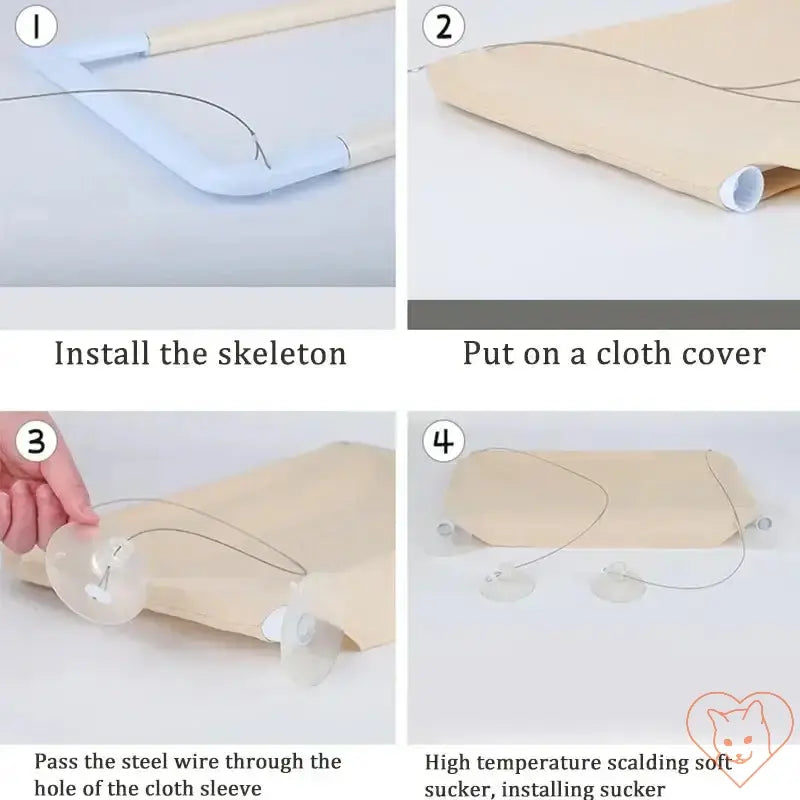 Step-by-step instructions for installing the Hanging Cat Hammock with skeleton and cloth cover.