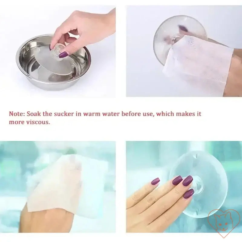 Instructions for using suction cup: soak in warm water for better grip before applying to surfaces.