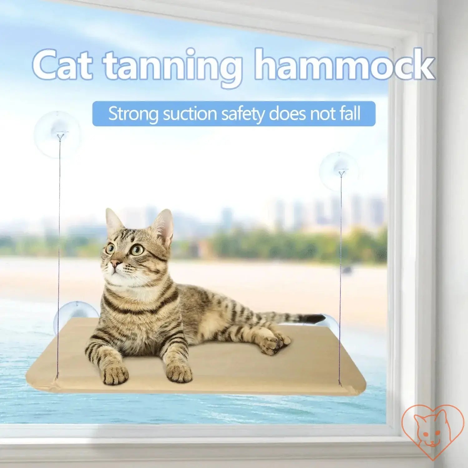 Cat tanning hammock with strong suction cups, providing a secure and comfy spot for cats to lounge and enjoy sunny views.