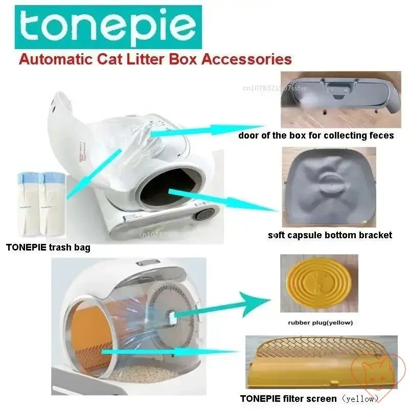 TONEPIE automatic cat litter box accessories features diagram, showing trash bag, filter, and collection door.