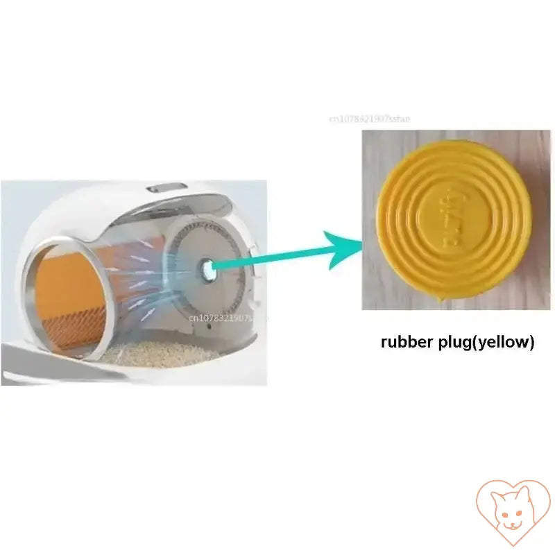 Illustration showing TONEPIE cat litter box with airflow and yellow rubber plug for odor control.