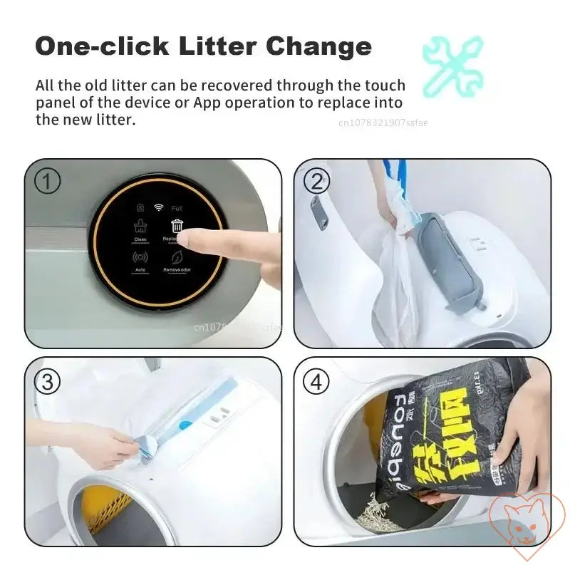 Image showing one-click litter change process for TONEPIE cat litter box, highlighting easy operation and litter replacement steps.