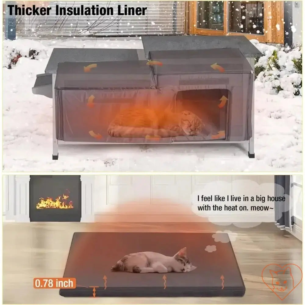 Insulated outdoor cat house with thicker insulation liner keeping cats warm in winter conditions.