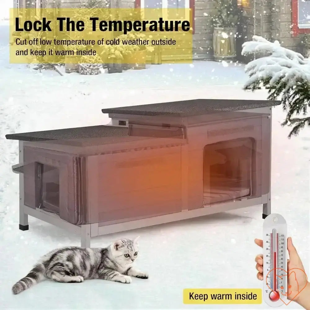 Insulated outdoor cat house keeping warmth inside during winter, with a cat and thermometer in snowy surroundings.