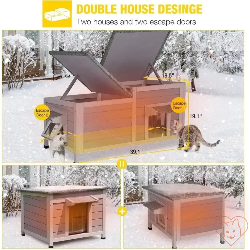 Insulated outdoor cat house design with double houses and escape doors, perfect for winter safety and comfort.