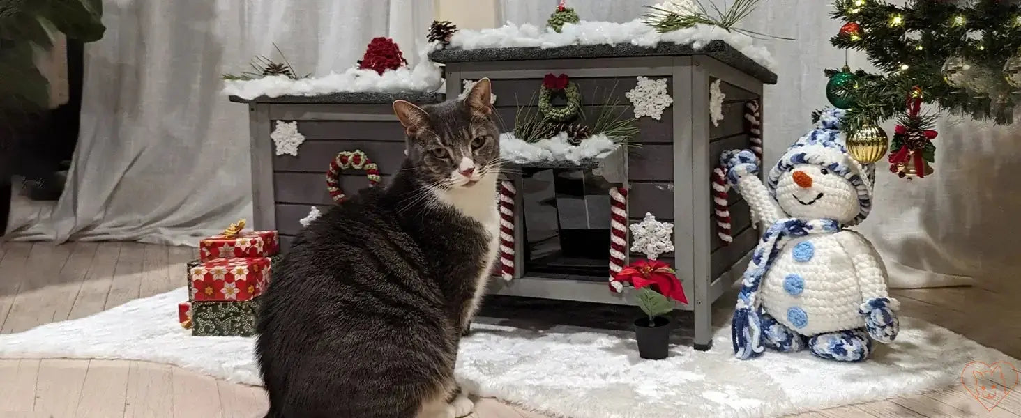 Cat next to an insulated outdoor cat house decorated for winter, featuring a snowman and holiday gifts.