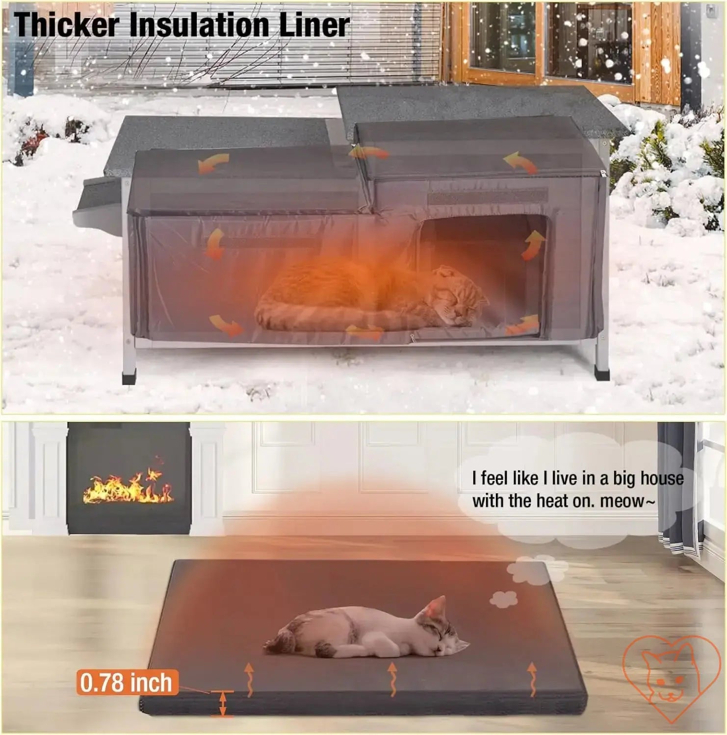 Insulated outdoor cat house showing thicker insulation liner for warmth in winter, with a cat comfortably resting inside.