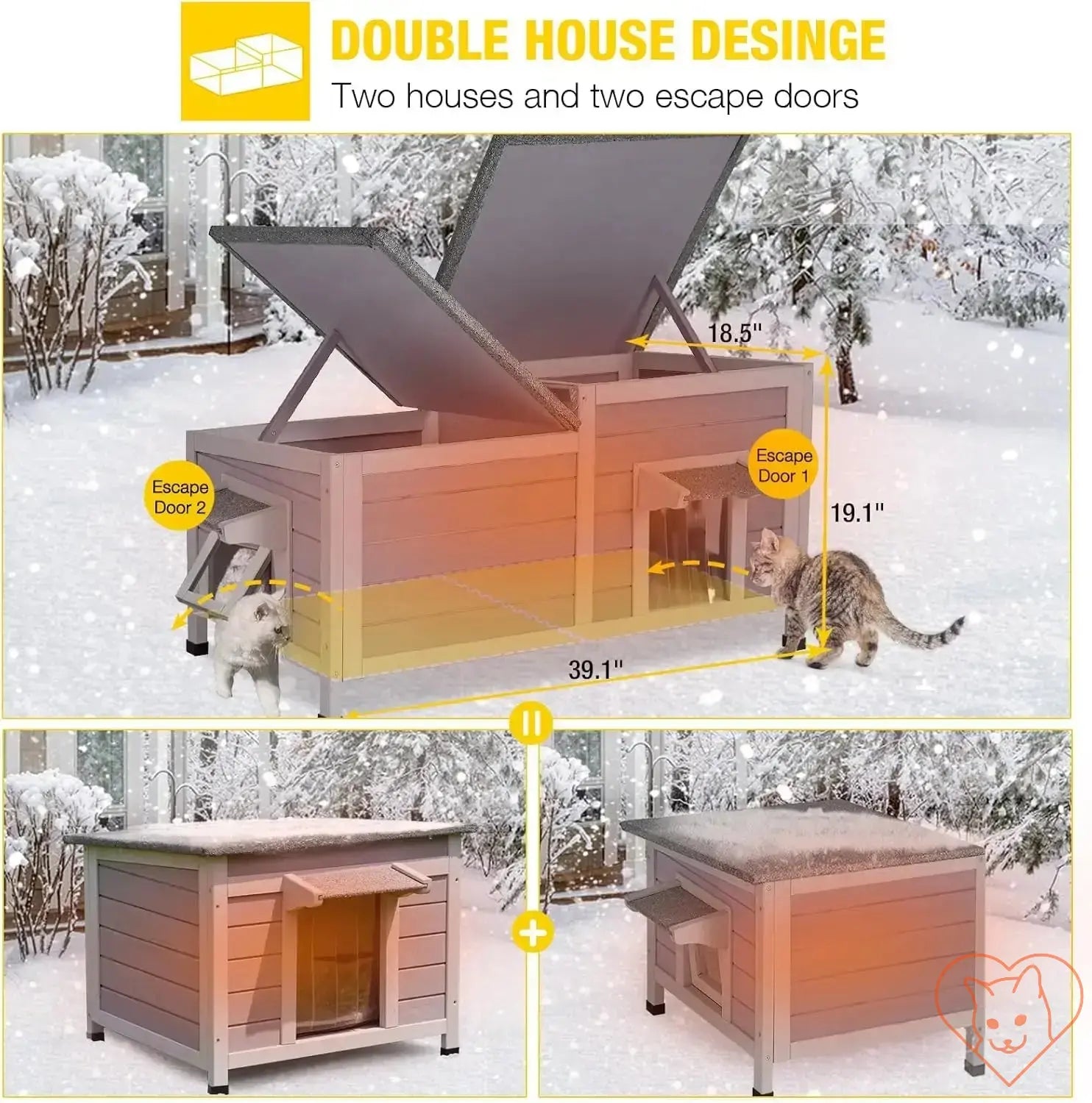 Insulated outdoor cat house design with two escape doors, perfect for winter safety and warmth for cats.