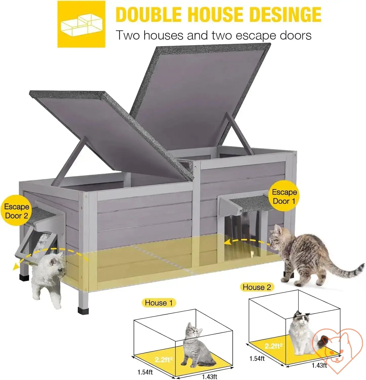 Double house design for outdoor cat shelter with two escape doors and ample space for cats.