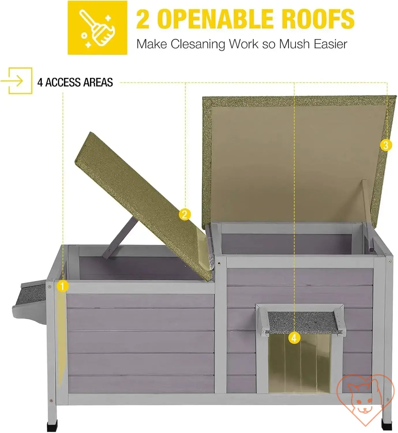 Insulated Outdoor Cat House with two openable roofs for easy cleaning and four access areas.