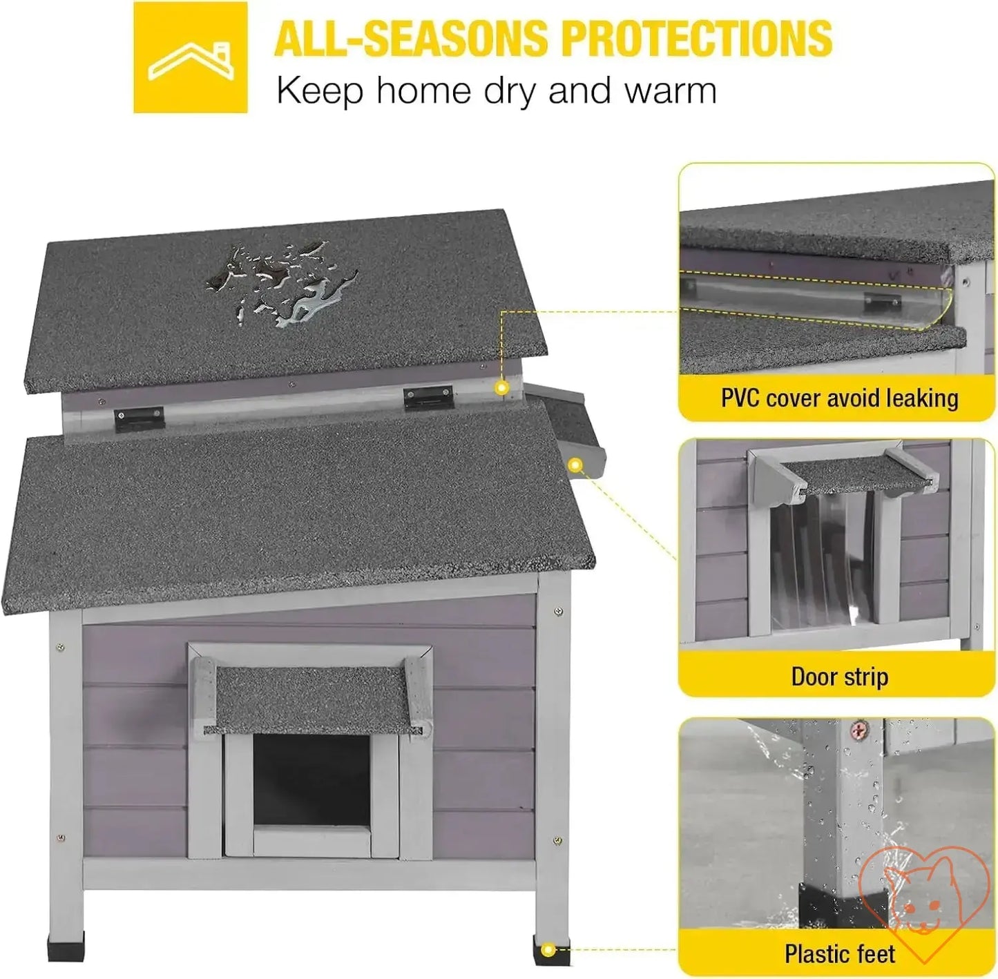 Insulated outdoor cat house features PVC cover, door strip, and plastic feet for winter warmth and protection.