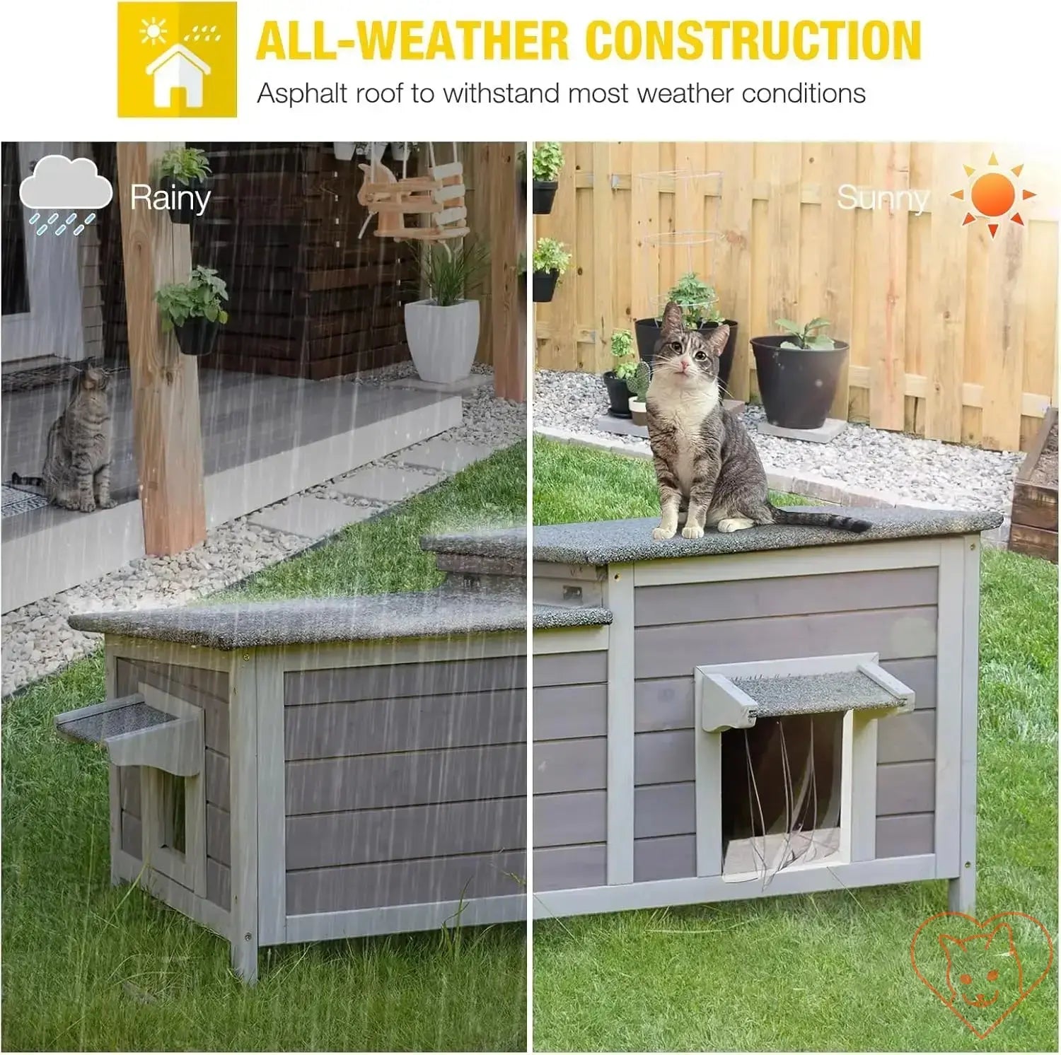 Insulated outdoor cat house with all-weather construction, shown in sunny and rainy conditions.