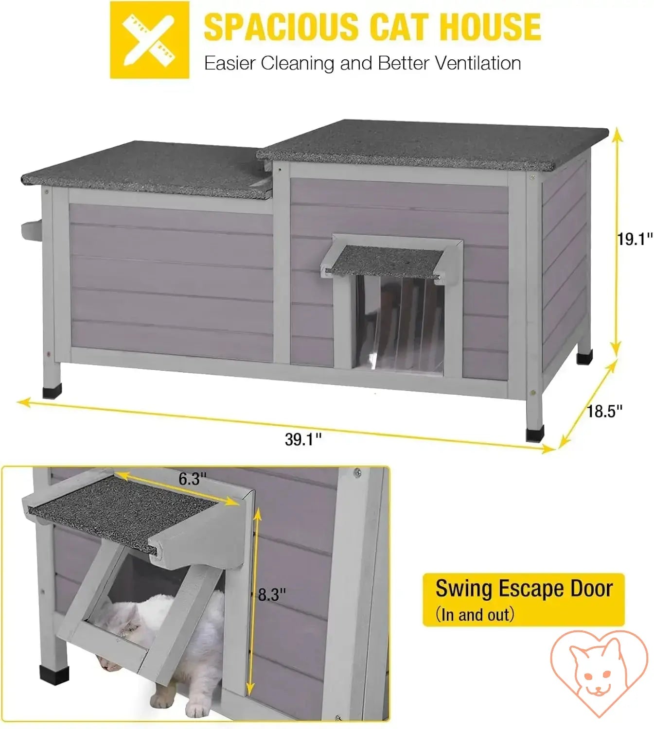 Spacious insulated outdoor cat house with escape door for easy cleaning and ventilation, measuring 39.1" x 19.1".