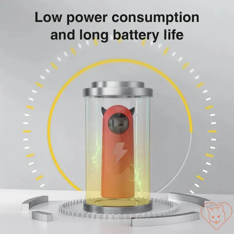 Interactive automatic laser toy showcasing low power consumption and long battery life features.