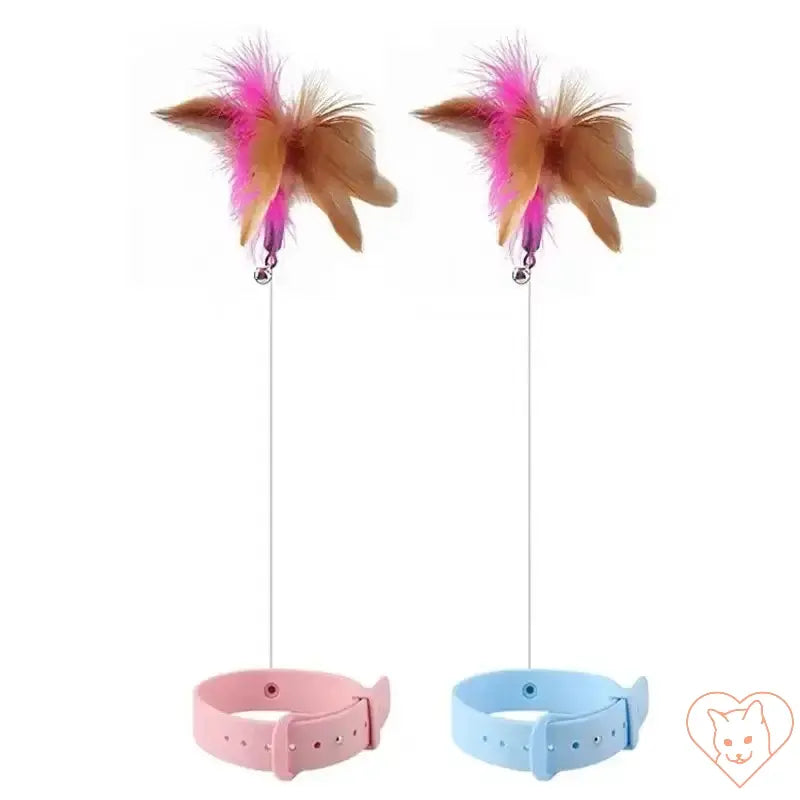 Interactive Cat Feather Teaser Wand with colorful feathers and bell in pink and blue bases for engaging play.