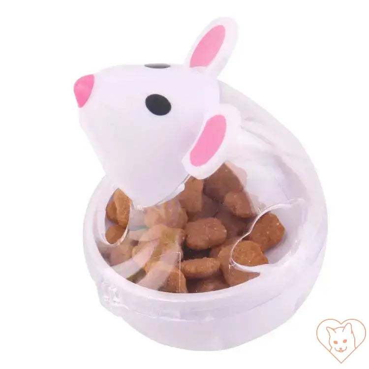 Interactive cat food dispenser toy shaped like a mouse, filled with dry cat food for playful eating.