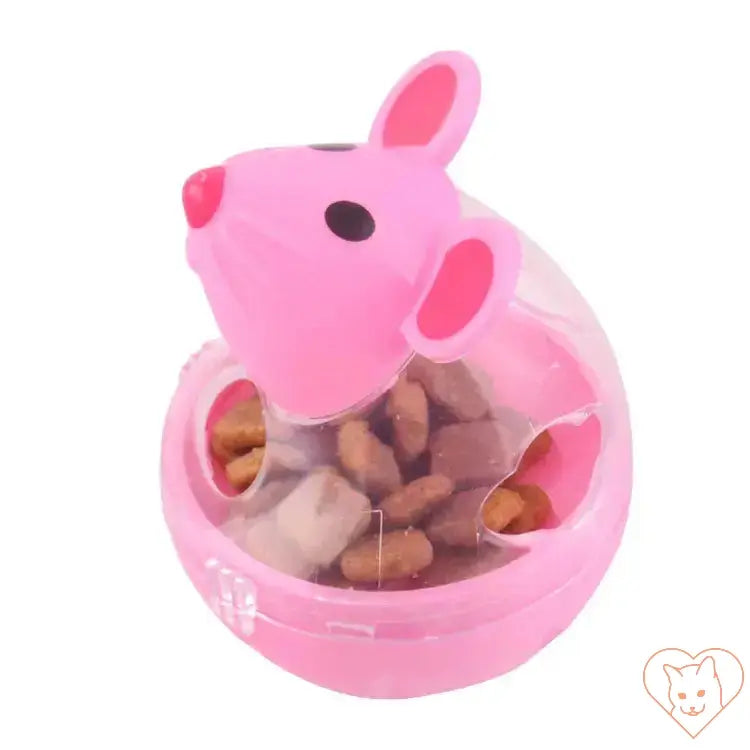 Interactive cat food dispenser toy shaped like a mouse, filled with treats for playful feeding.