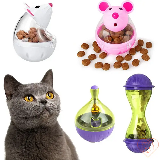 Interactive cat food dispenser toys in various shapes stimulating play and healthy eating for cats.