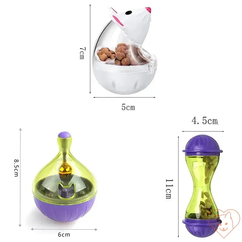 Interactive cat food dispenser toys in various shapes and sizes, ideal for enriching play and promoting healthy eating.