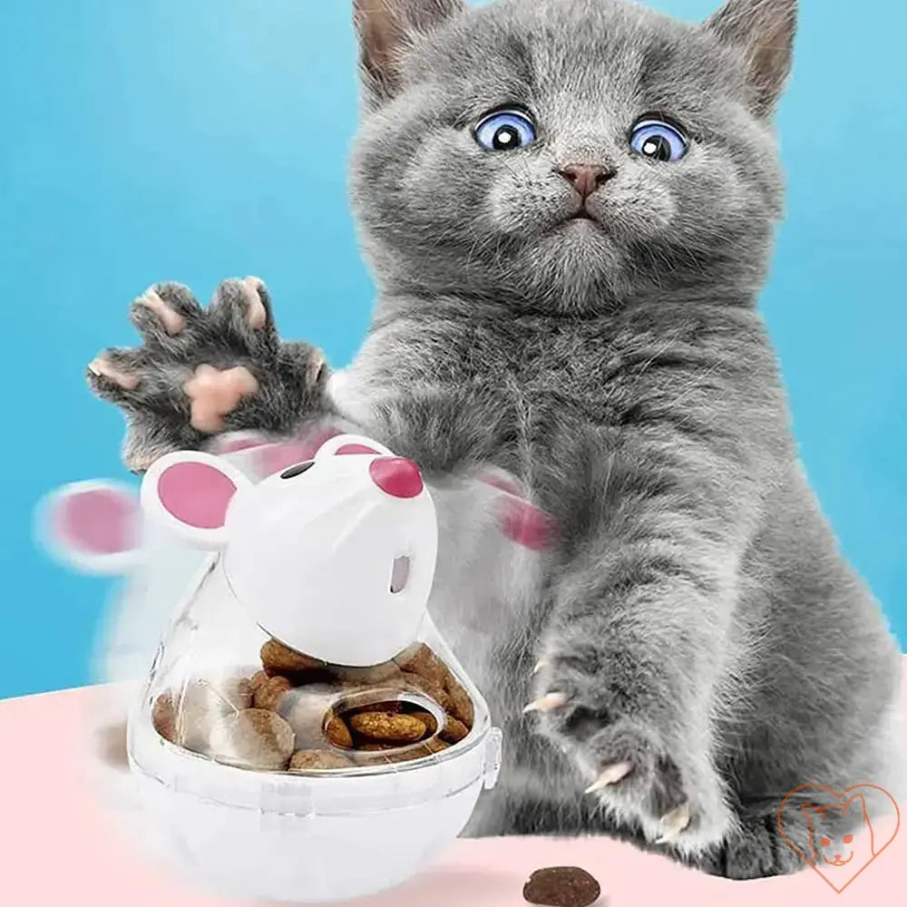 Interactive cat food dispenser toy with a playful gray kitten, promoting healthy eating and fun playtime.