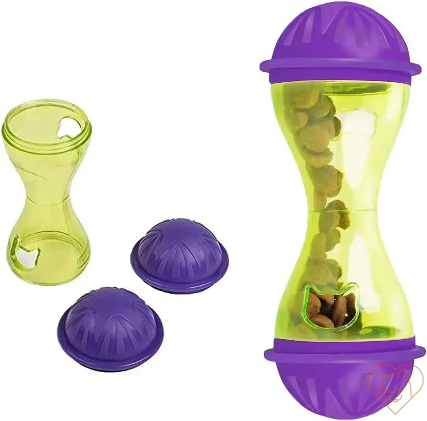 Interactive cat food dispenser toy in bright colors, promoting fun and healthy eating for cats.