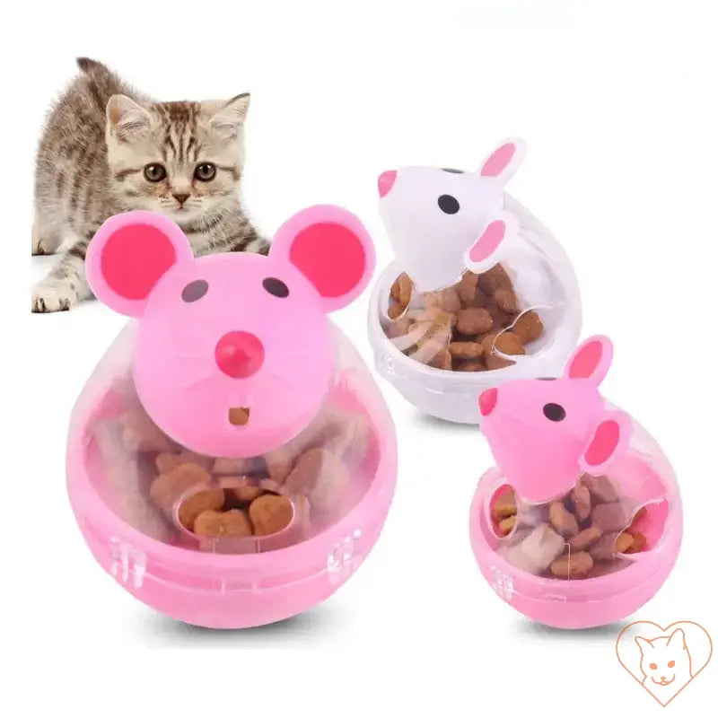 Interactive cat food tumbler toy with pink mouse design, dispensing treats for engaging pet playtime.